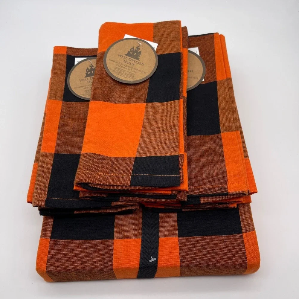 Well Dressed‎ Home Fall Black & Orange Plaid Tablecloth and 12 Napkins Set